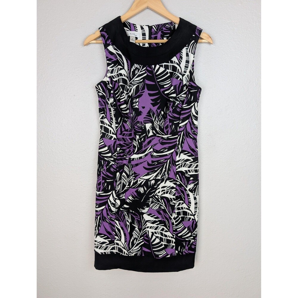 Alyx Limited Dress Womens 6 Purple Black White Sleeveless Sheath Tropical Print